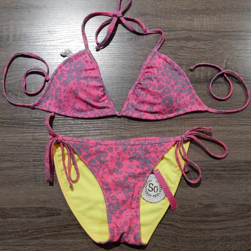 SO Reversible Triangle String Bikini - L Top/M Bot - Pink/Gry Cheetah + Neon Yel